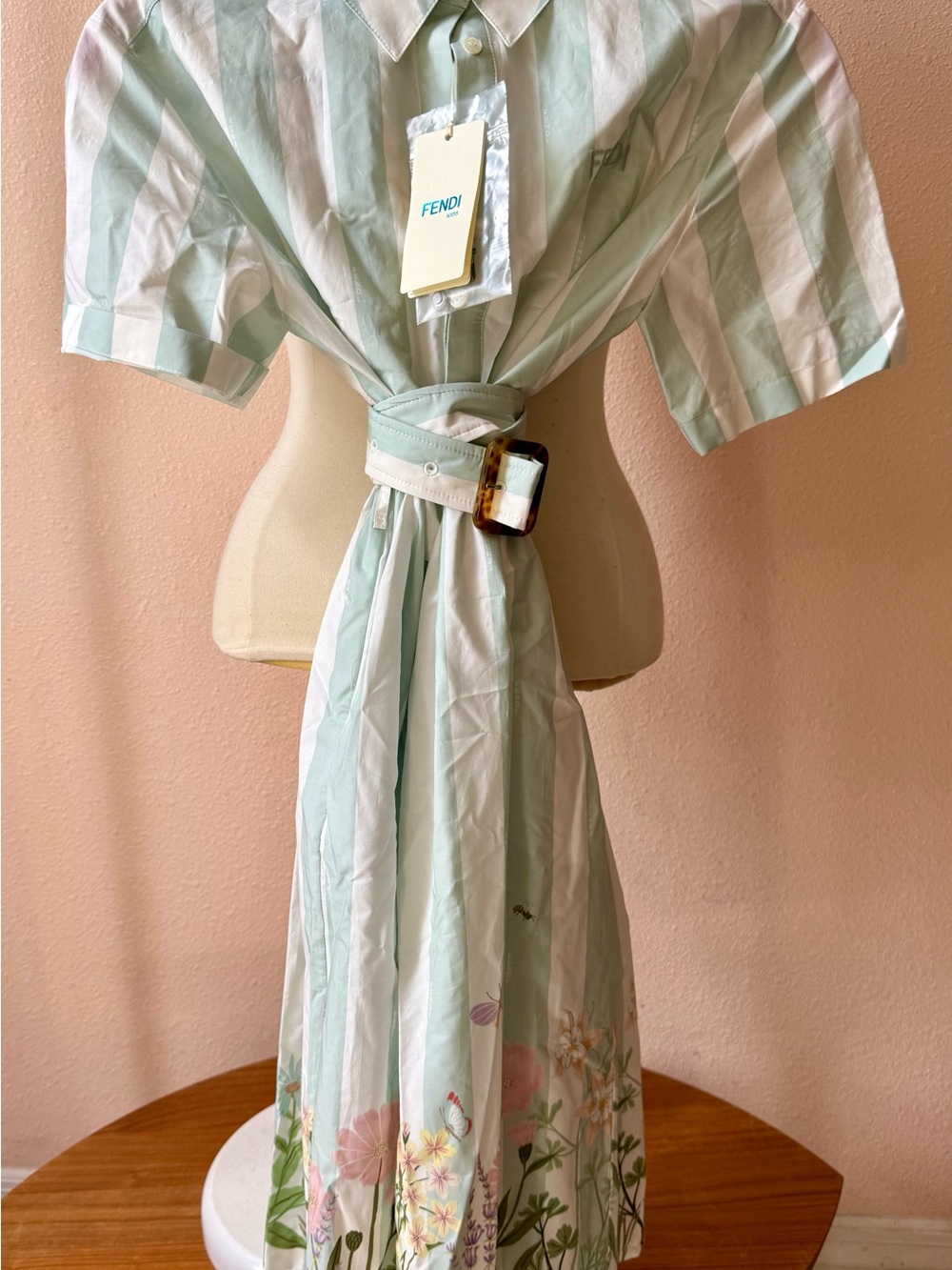 Fendi Mint & White Girls Striped Floral Robe Dress